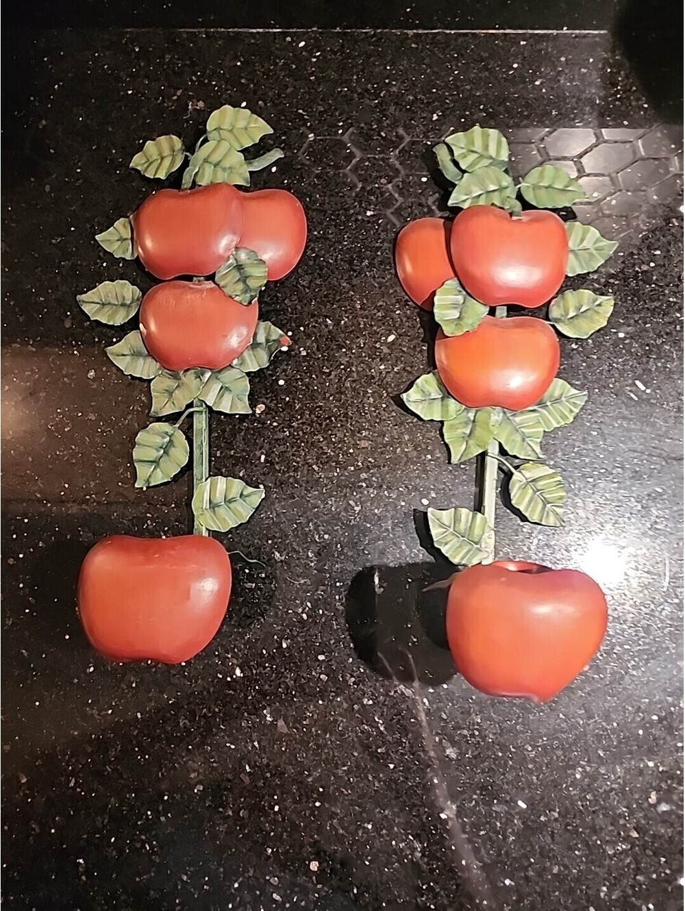 Lot Of 2 Green Metal Candlestick Holders with Red Apples Wall Mount